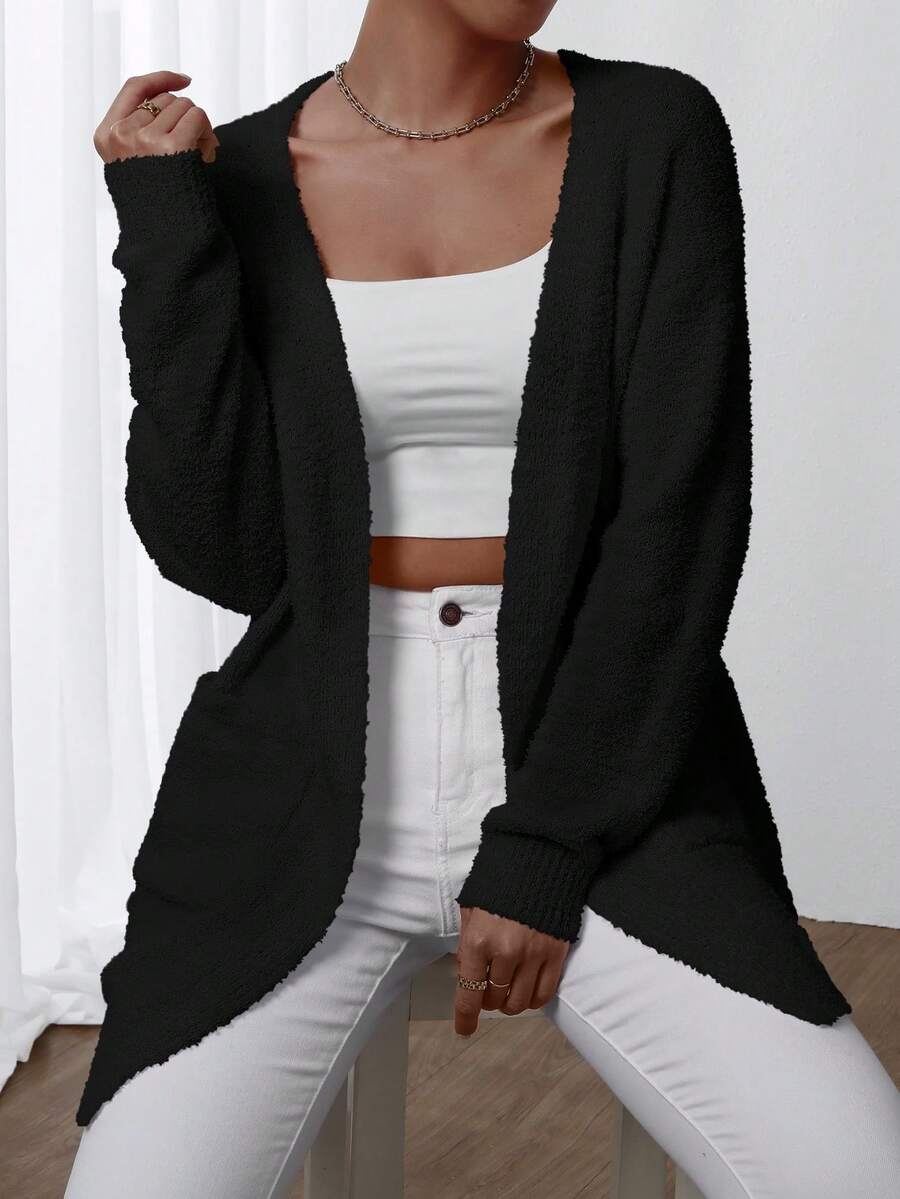 EMERY ROSE 女式纯色 V 领口袋不对称开衫 - 黑色 - 查看 1