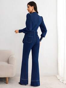 Elenzga 女式金属纽扣半襟泡泡袖系腰优雅喇叭牛仔连体裤 - 深色水洗藍 - 查看 2