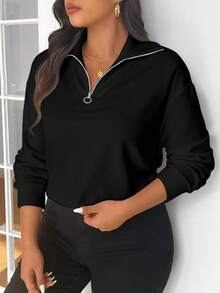 SHEIN Frenchy Áo thun nữ cổ bẻ màu đen trơn cỡ lớn, thường ngày thu/đông - Nhiều màu - Xem 4