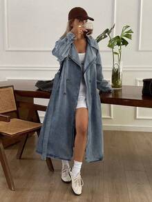 DAZY 女士时尚水洗双排扣牛仔夹克、秋装、返校服 - 淺色水洗藍 - 查看 5