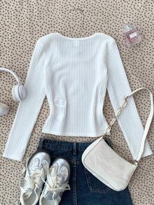 Tween Girl Street, Basic, Daily, Versatile, Solid White Knit Crew Neck Loose Long Sleeve Contrast Lace Bow T-Shirt Top, Back-To-School, Cute Winter White Ribbed Long Sleeve To - White - View 2