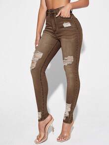 EMERY ROSE Blugi de damă cu talie înaltă, buzunare, skinny, casual, versatile, blugi de damă, maro, jeggings, pantaloni Western pentru femei, mărime plus - cafea maro - Vizualizare 3