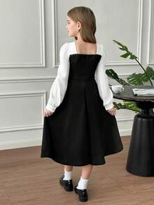 SHEIN Zweifarbiges Laternenhülsenkleid für Tween Mädchen (ohne Gürtel), geeignet für elegante Outfits, Rückkehr zur Schule, Geburtstagsfeiern, Abendveranstaltungen, Aufführungen, Hochzeiten, Taufen, Eröffnungszeremonien, Schule, Reisen, Halloween, Abschlussbälle, Konzerte - Schwarz und Weiss - Übersicht 2
