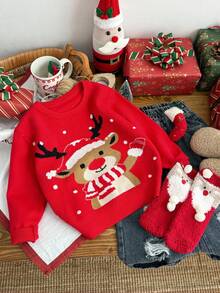 SHEIN 4 件套家庭装圣诞套装 - 妈妈和我：小男孩、小女孩休闲可爱圣诞帽、驯鹿、红色圣诞毛衣圆领套头衫，适合秋冬季、居家、郊游、圣诞派对 - 紅色 - 查看 3