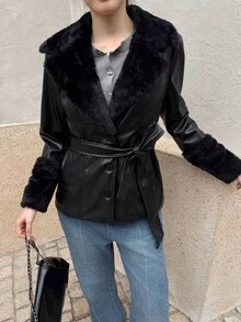 K-Vae Chaqueta casual de manga larga de unicolor con parches de PU, cintura con cordón
