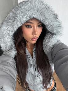 Coolane Women's Winter Streetwear Basic Coat With Flannelette Hat Fuzzy Warm/ Cold Weather/ Thermal Stretchy Tight Waist Black Fur Collar Hat Long Sleeve Padded Coat,Women's Winter Clothes - Grey - View 7