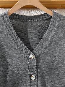 SHEIN 青少年女孩纯色V领长袖纽扣前开衫和裤子套装