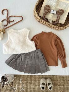 LMoss Kids LMoss 3-Piece Baby Girl Set,Solid Fleece Vest,T-Shirt & Brown Plaid Woven Skirt,Cute Autumn Matching Family Vintage Style Outfit,Cozy Winter Clothes - Multicolor - View 3
