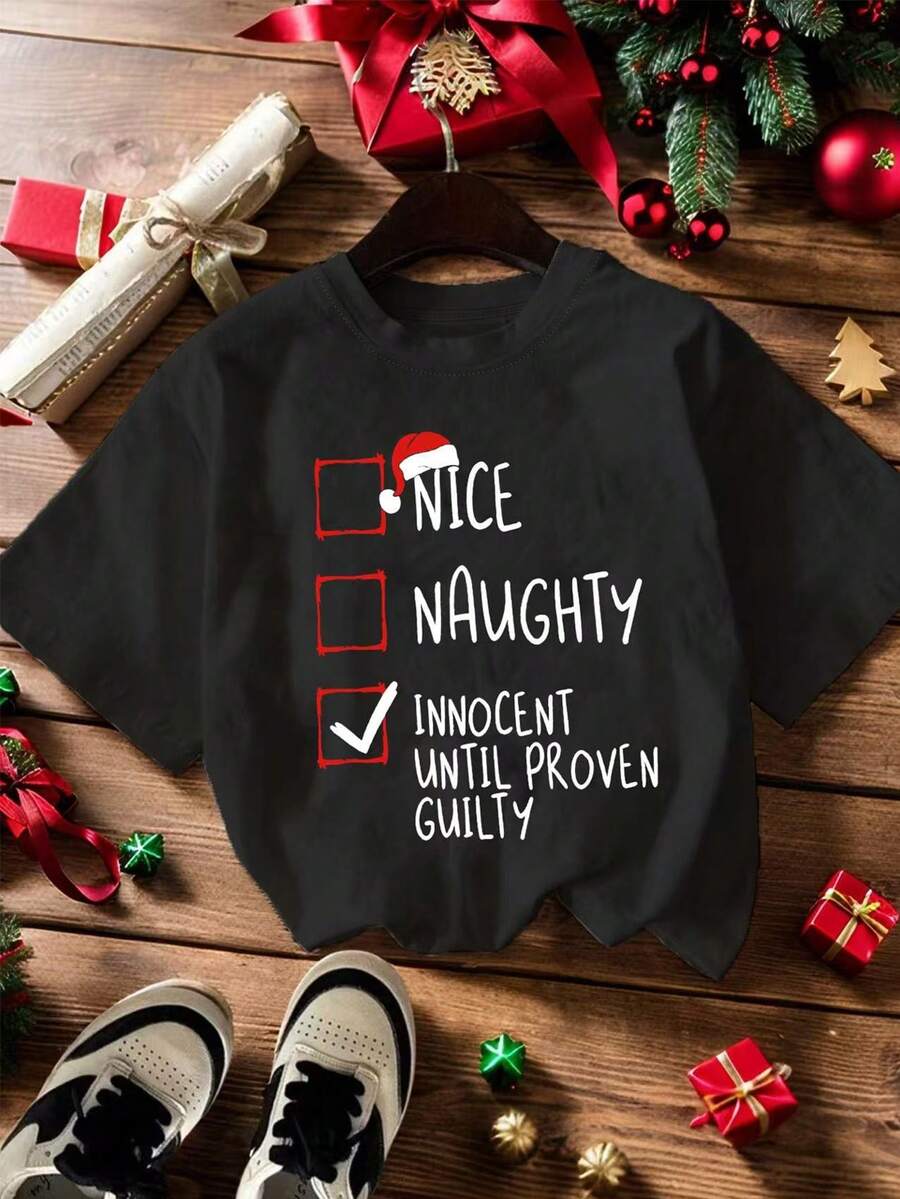 EMERY ROSE 圣诞复制文字印花图案短袖女士T恤，适合日常穿着 - 黑色 - 查看 1