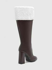 CUCCOO BIZCHIC 高品质棕色袖口针织高筒靴，尖头粗跟优雅女靴，时尚百搭新款靴子，展现女性魅力和优雅 - 棕色 - 查看 8