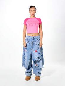 SUMWON WOMEN Raglan Sleeve Crop Tee With Contrast Sleeves And Embossed Logo Detail - Hot Pink - View 3