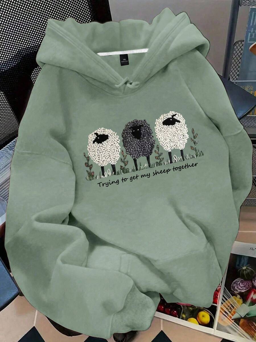 EMERY ROSE Plus Size Women's Sheep & Letter Slogan Graphic Print Casual Thermal Drawstring Sweatshirt Pullover Sweatshirt, Fall/Winter - Olive Green - View 1