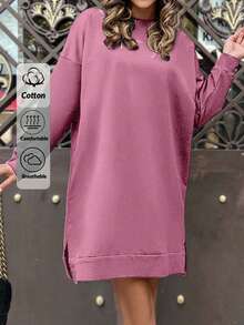 EURMUSE Cotton Solid Drop Shoulder Split Hem Sweatshirt Dress - Baby Pink - View 1