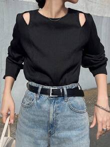 FRIFUL 女式露肩分体T恤，夏季上衣长袖上衣 - 黑色 - 查看 6