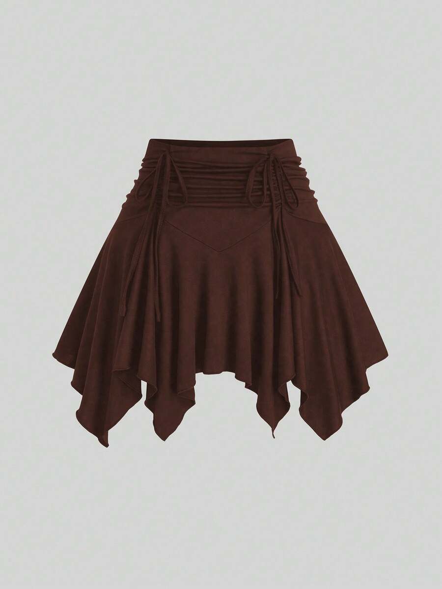 SHEIN Sweetro Plus Size Romantic Asymmetric Hem Solid Color Fashion Skirt - Brown - View 1