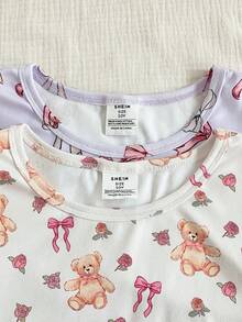 SHEIN Vintaside Kids 4pcs Girls Soft & Comfortable Sleepwear Set, Cute Bear & Bow Print, Casual Loungewear With Long Sleeve Top And Pants Kids Loungewear Soft Pajamas Set Kids Pj Sets "Tight Fit Pajama","Tight Fit","Snug Fit - Multicolor - View 6