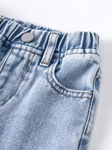 SHEIN Quần jeans denim đơn giản cho bé gái, túi thêu hình bướm, cạp chun, màu xanh đa năng + đen đã giặt, chất liệu denim mềm mại, thoải mái, thời trang không thể thiếu - Nhiều màu - Xem 8