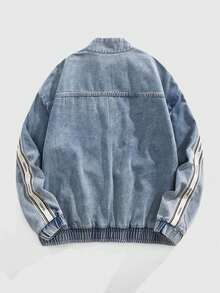 ROMWE MEN Street Life 男士落肩撞色条纹立领拉链时尚百搭创意玫瑰图案牛仔夹克 - 藍色 - 查看 7