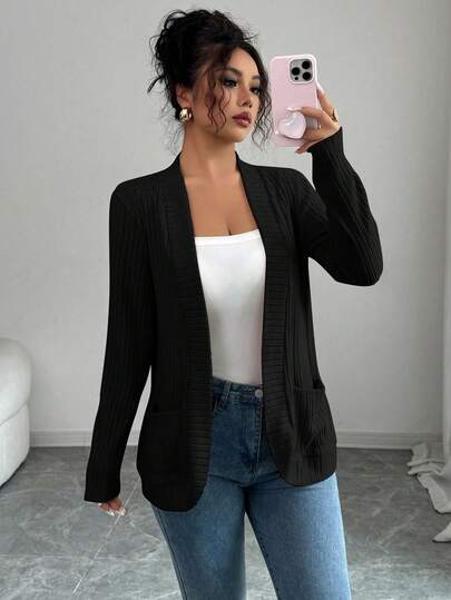 SHEIN PETITE Giacca corta leggera da donna casual, con tasche laterali, aperta davanti, in maglia a costine e in pile