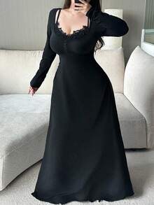 Vibekara 加大码 V 领花卉蕾丝拼接长袖纽扣腰褶 A 字优雅复古休闲可爱端庄性感度假连衣裙 - 黑色 - 查看 8