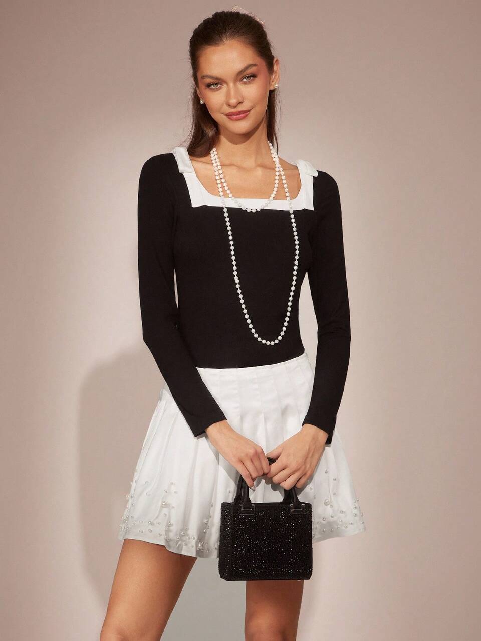 Enchnt Women's Black And White Elegant Square Neck Knit Top, Bowknot Shoulder Colorblock Autumn Long Sleeve,Chic Tea Party&Holiday&New Years Tops