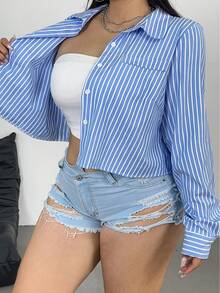 Flirla Korean Style Academic Blue Striped Crop Top Fall Cloth For Women