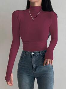 DAZY Kaos Dalam Wanita Lengan Panjang Kerah Tinggi, Hitam, Musim Semi/Panas/Gugur - Red Violet - View 3