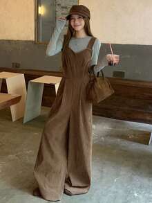 DAZY 女士宽松灯芯绒吊带阔腿裤，休闲优雅，秋冬 - 棕色 - 查看 4