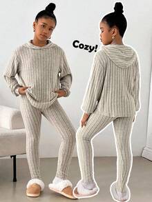 Tween Girls Ribbed Knit Hoodie Top And Leggings 2 Pieces Set, Casual Everyday Comfortable Soft Thick Outfit, Autumn/Winter - Khaki - View 1