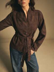 Poéselle Brown Belted Faux Suede Jacket For Women - Long Sleeve Wrap Coat, Soft Minimalist Lightweight Outerwear,Women's Fashion Waist Belt Long Sleeve Button Jacket Women Fall Clothes Brown Blazer Women Women S Fall Clothes Chocolate Brown Top - Chocolate Brown - View 4