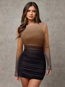 SHEIN BAE Women's Ombre Crew Neck Long Sleeve Ruched Fitted Mini Dress,Dresses For Women Elegant,New Year Dress ,Elegant Party Dresses - Coffee Brown - View 6
