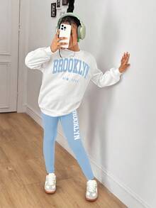 2pcs Tween Girl Letter Print Knit Sweatshirt And Knit Leggings Set, Casual Graphic Fashion Everyday Versatile School White Autumn - Blue - View 4