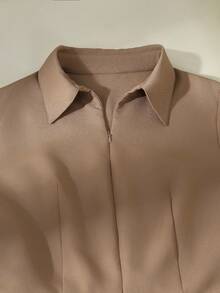 SHEIN Franclia 女士时尚休闲百搭衬衫领长袖系带阔腿连体裤，秋季 - 卡其色 - 查看 3