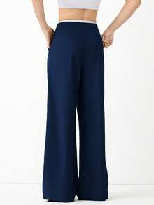 SHEIN EZwear Women's Navy Blue Patchwork Casual Pants, Women's Spring/Autumn Casual Drawstring Pocket Wide Leg Navy Blue Loose Trousers, Casual Daily Wear - Navy Blue - View 2