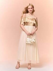 Vestido de satén con patchwork y superposición de malla, vestido de gala largo para adolescentes en color dorado para fiesta/banquete