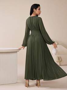 女士优雅纯色束腰阿拉伯风格连衣裙 - 軍綠色 - 查看 2