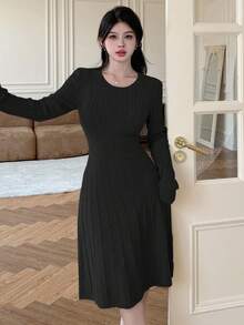 Modelyn Women's Solid Color Waist Cinched Knit Dress, Autumn/Winter