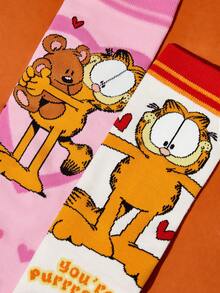 GARFIELD | SHEIN 2 双柔软透气吸湿排汗休闲女士中筒袜，带猫和熊图案，时尚可爱的白色和粉色中筒袜，加固脚趾和脚跟，经久耐用，适合所有季节，适合夏季和冬季，喜欢 - 彩色 - 查看 3