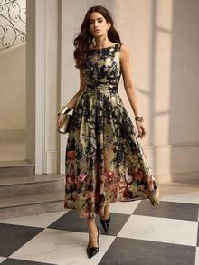 ZEYLAH 女式金属印花腰部喇叭连衣裙，秋冬 - 黑色 - 查看 6