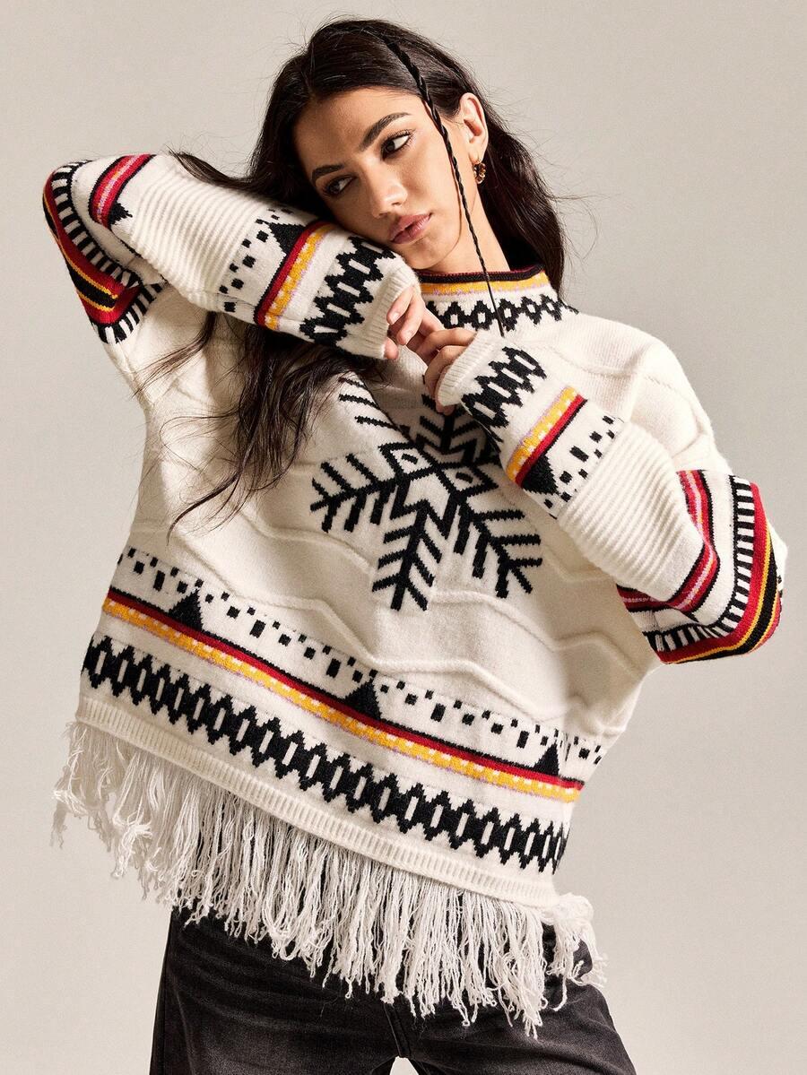 Easelle 女式雪花几何图案立领落肩长袖流苏下摆宽松毛衣，秋冬 - 彩色 - 查看 1