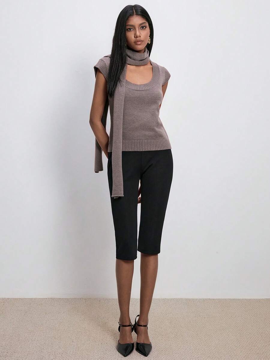 ATUI Studio 女士休闲纯色针织无袖毛衣背心，秋冬日常穿着，时尚百搭，系带两件套针织上衣，适合度假和日常穿着，休闲时尚，都市女性 - 灰色 - 查看 1