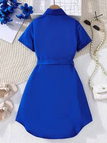Tween Girl Flap Detail Button Front Belted Shirt Dress - Royal Blue - View 2