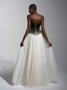 Elitara 优雅复古天鹅绒露肩荷叶边领分层 A 字系带连衣裙，适合晚会、音乐节、宴会、商务活动和各种场合 - 彩色 - 查看 3