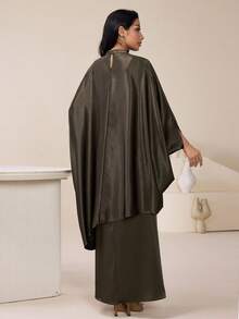 Veilorie Women's Solid Color Stand Collar Batwing Sleeve Loose Elegant Arabic Dress