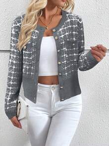 EMERY ROSE 休闲格子前扣圆领贴袋开衫，秋冬 - 深灰色 - 查看 4