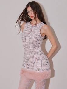 Poshira Vestido curto elegante feminino com estampa de botões, xadrez, patchwork, felpudo, sem mangas - Rosa - Ver 4