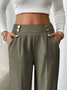 SHEIN Frenchy Women's Double Buckle Straight Leg Elegant Commuter Pants Winter Green Casual Christmas Spring - Army Green - View 5