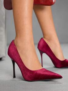 CUCCOO SZL 勃艮第天鹅绒尖头细高跟鞋，时尚优雅，适合通勤、约会、派对、婚礼等场合 - 酒紅色 - 查看 4