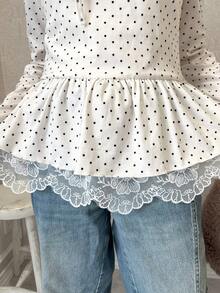 FRIFUL Damen Polka Dot Stoff Schleife Kragen Taillierter enger Saum Spitze Patchwork Ballerina Stil Langarm Süßes T-Shirt