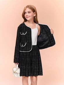 青少年女孩优雅仿珍珠饰边夹克和裙子套装，秋季 - 黑色 - 查看 6